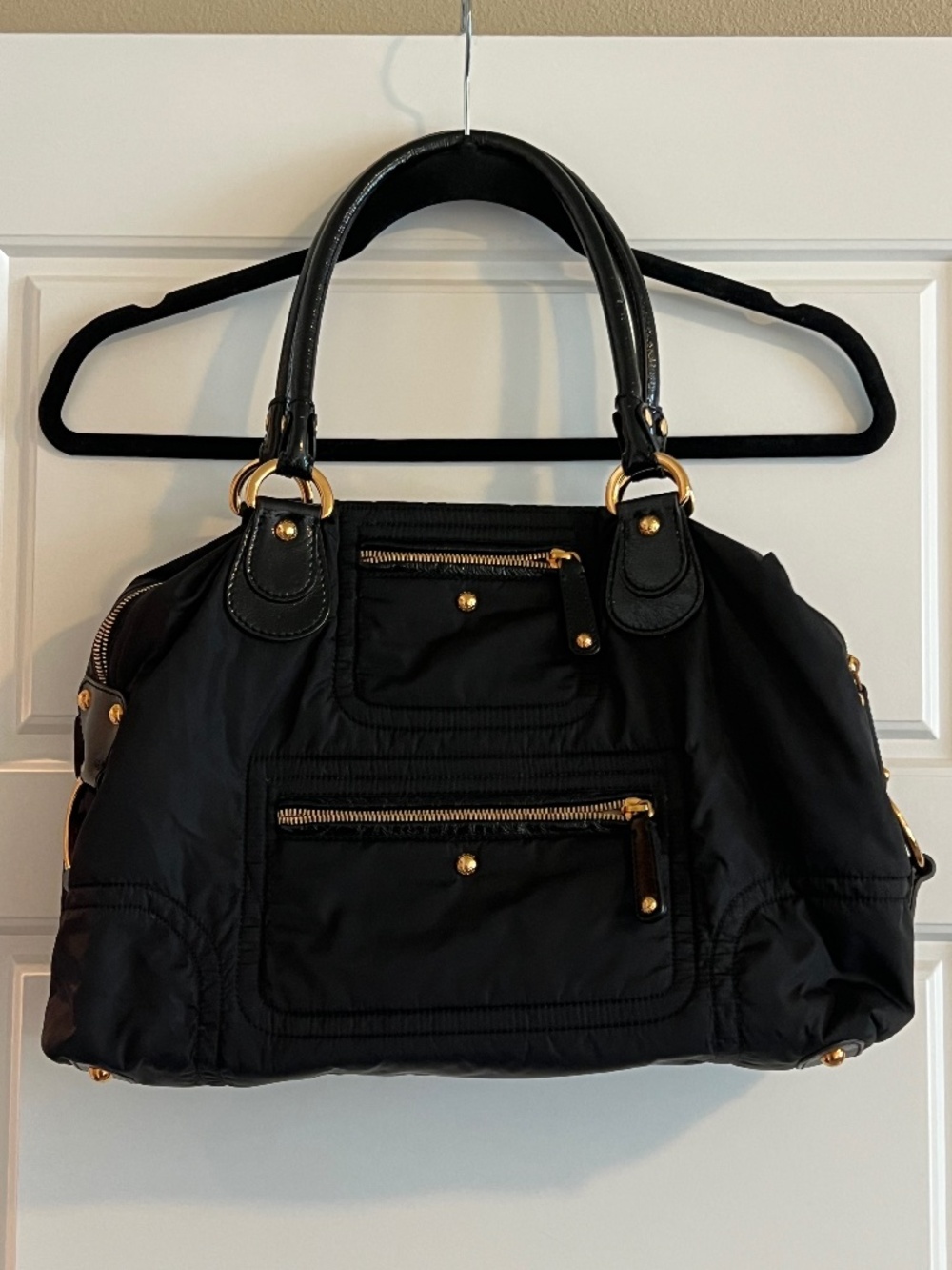 Tod's Black Pashmy Bauletto Nylon Bag with Patent Leather Trim